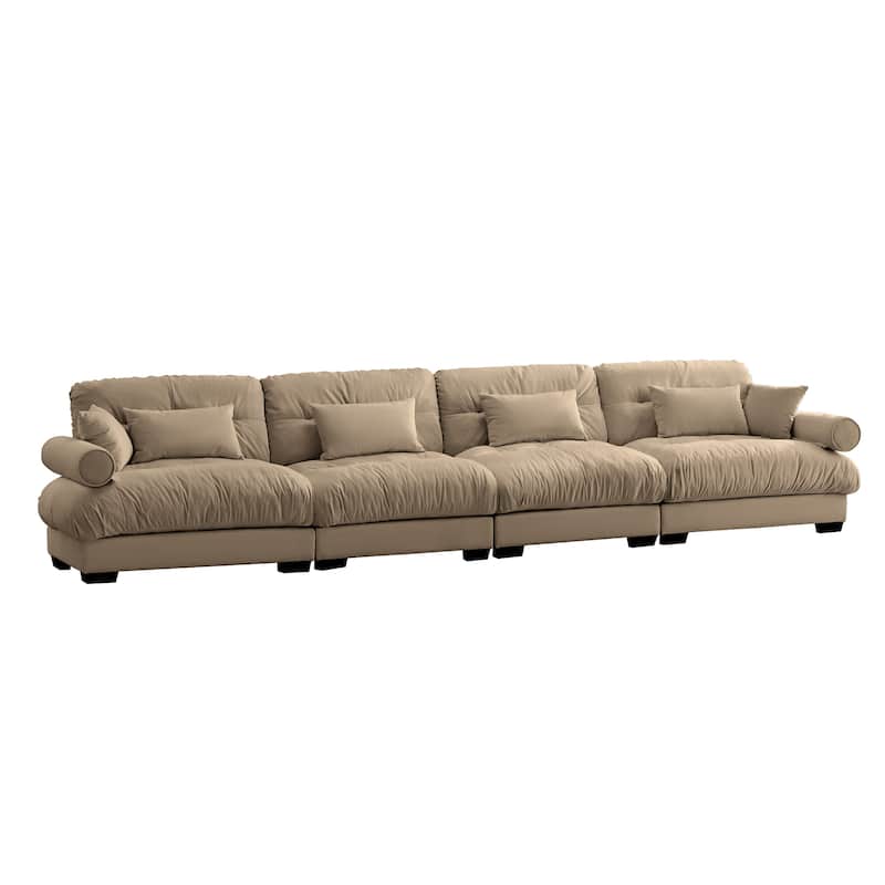 166" Velvet 4-Seater Sofa, Bolster Arms and High-Resilience Cushions