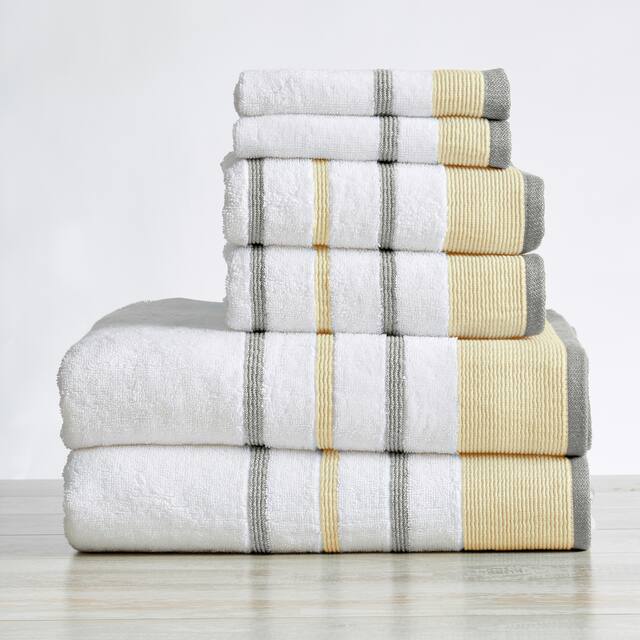 Luxurious Cotton Decorative Stripe Towel Set - 6 Piece Set - Gold / Grey