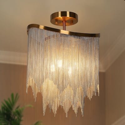 Modern Glam 4-Light Gold Chandelier Round Semi-Flush Mount Ceiling Light - D13" x H17.3" Max