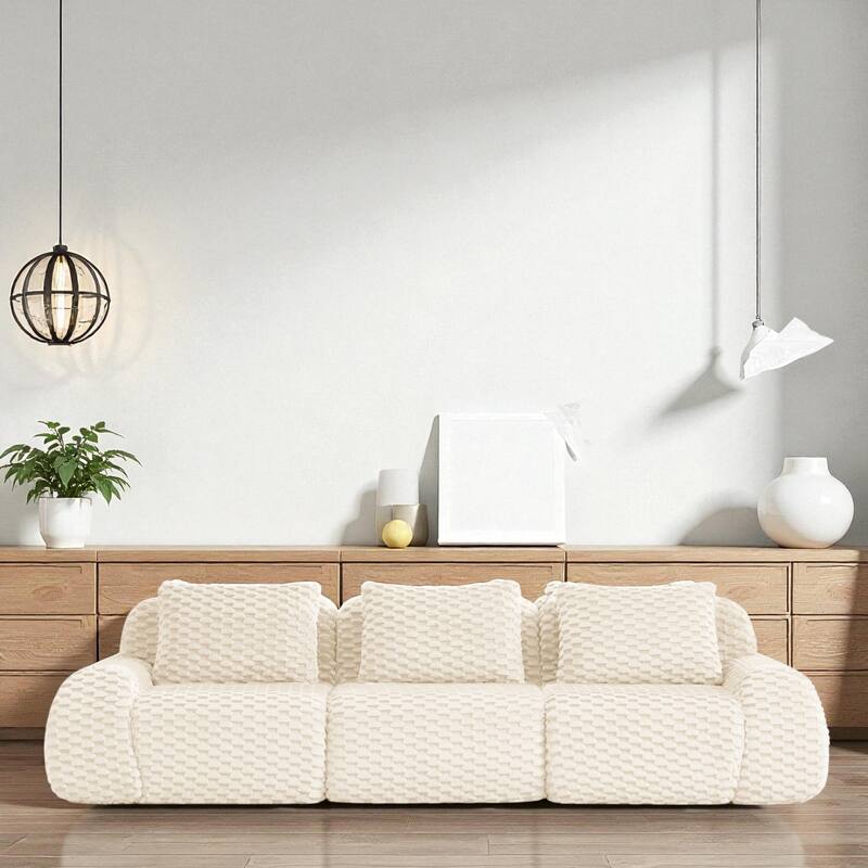 114" Modern Modular Flannelette Sectional Sofa, Oversized 3-Seater Deep Seat Boneless Couch with Buckle Connection - Cream