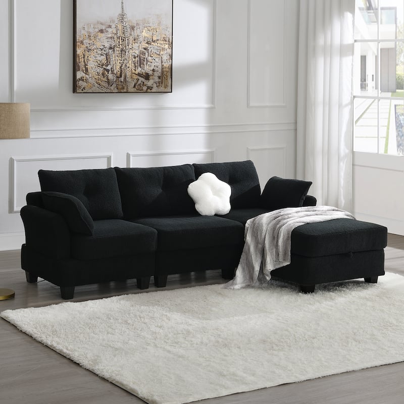 Black Teddy Velvet L-shaped Sectional Sofa w/ USB Ports & Flower Pillow ...
