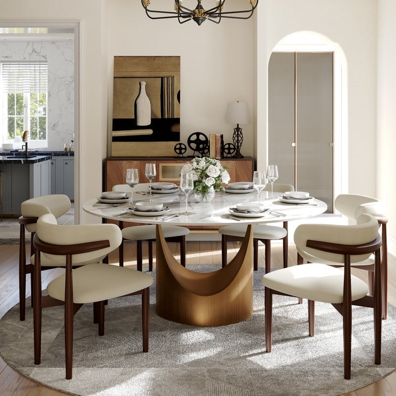 Modern Round Dining Table for Diningroom，White Glossy Stone Tabletop,Bronze Carbon Pedestal - 59" for 6-8