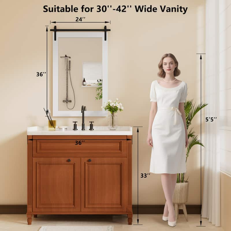 Farmhouse Rectangular Wood Frame Wall Mirror, Rustic Barn Door Bathroom Vanity Mirror