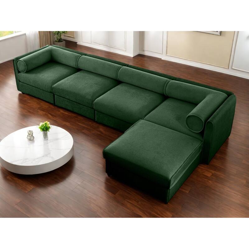 142.5" Chenille Upholstered L-Shaped Modular Sectional Sofa with Storage Seat, DIY Combination - Green