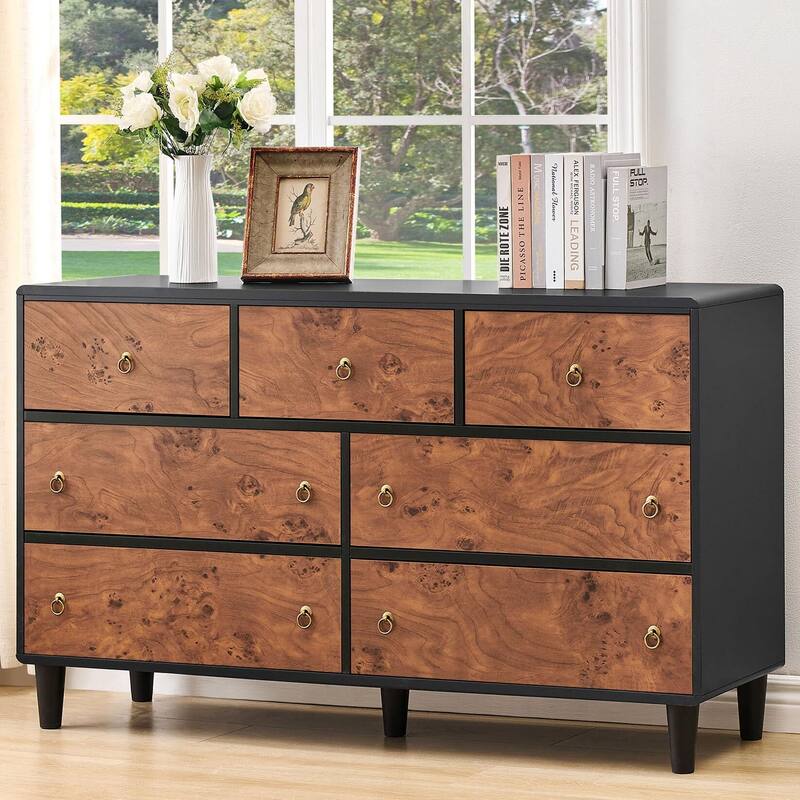 Modern Chest of Drawers with Natural Texture, Curved Profile Design, Dresser TV Stand, Wood Drawer Organizer for Bedroom - Brown