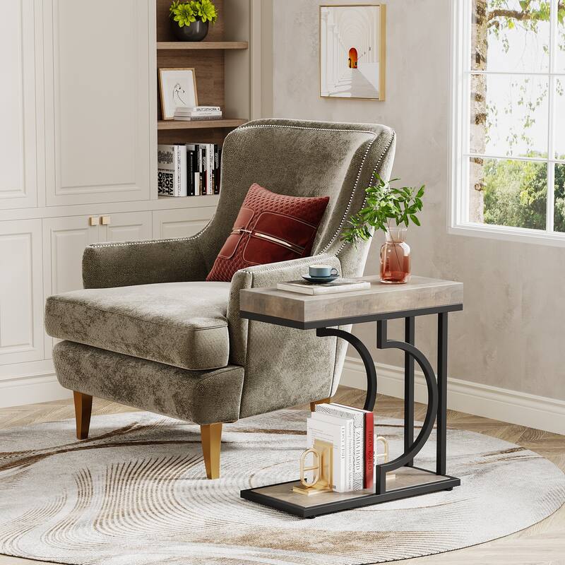 Narrow Side Table C Shaped End Table for Living Room