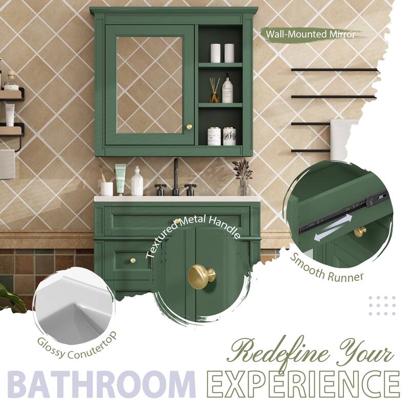 GDFStudio - Ravensden Modern Freestanding Bathroom Vanity Set with Ceramic Sink and Mirror Cabinet with a Tip-out Drawer - 30'W