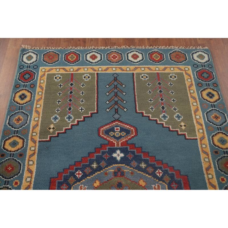 Blue Geometric Kazak Accent Rug Handmade Oriental Wool Carpet - 3'11"x 6'0"