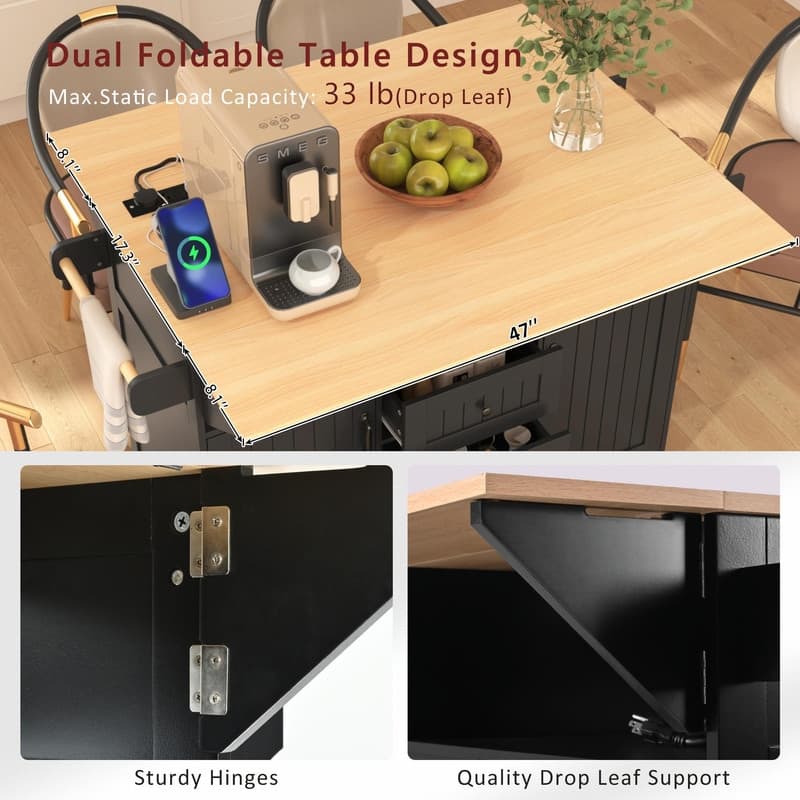 55.7" Rolling Kitchen Island with Double Drop Leaf, Power Outlet, 3 Drawers, Spice & Towel Rack, Folding Dining Table Cart