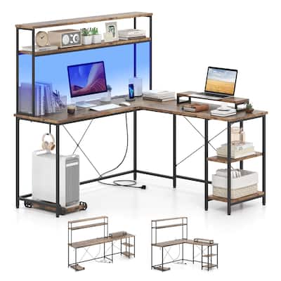 Costway L-Shaped Gaming Desk with LED Strip & Power Outlets Hutch - See Details