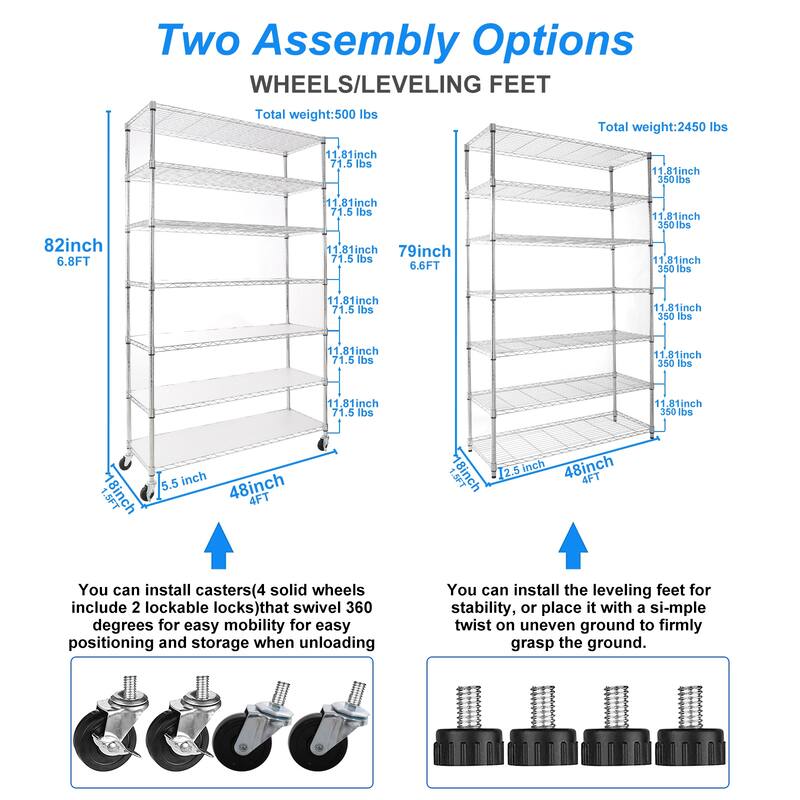 7 Tier Metal Shelves, NSF Height Adjustable Metal Garage Storage Shelves with Wheels - 7 Tier