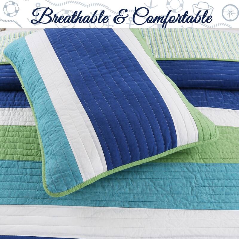 Porch & Den Copenhaver Blue Stripe Cotton Reversible Quilt Bedding Set