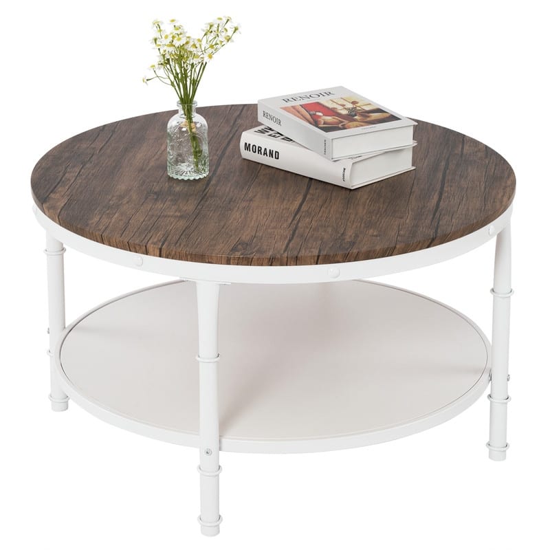 Double-layer Round Dark Walnut-colored Black-veined MDF Panel, White Wrinkled Baked Iron Frame, Industrial Style Coffee Table
