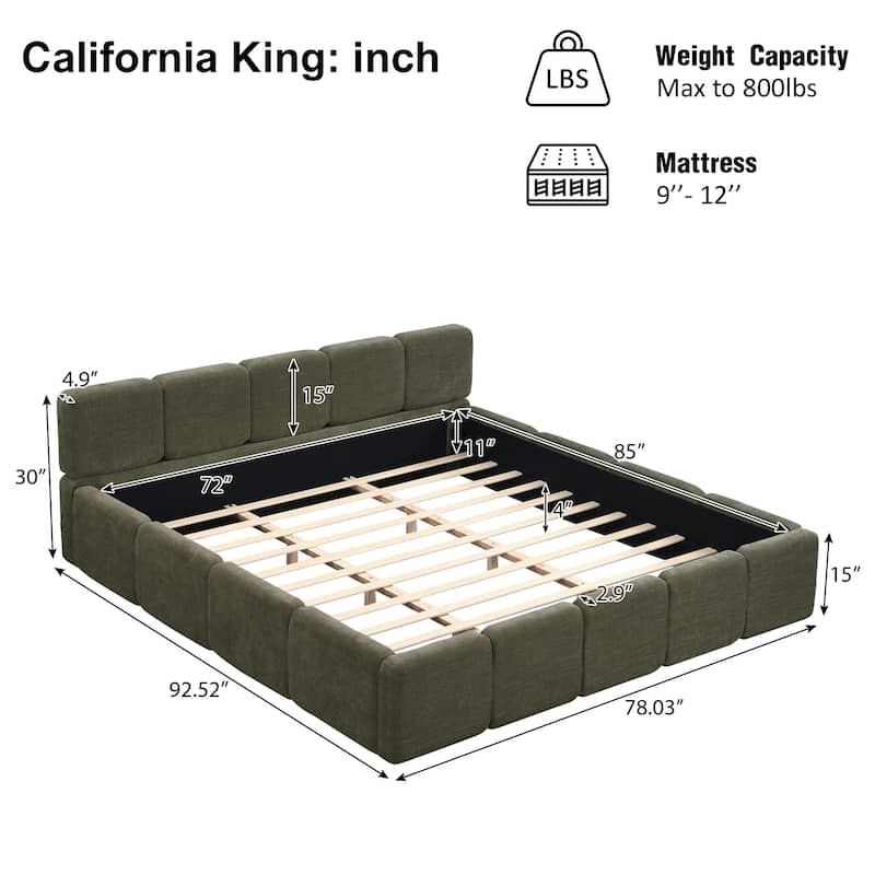 Floor Grounded Bed Block-shape Boucle Upholstered Bed Low Profile Wingback Platform Bed with Thick Headboard and Footboard