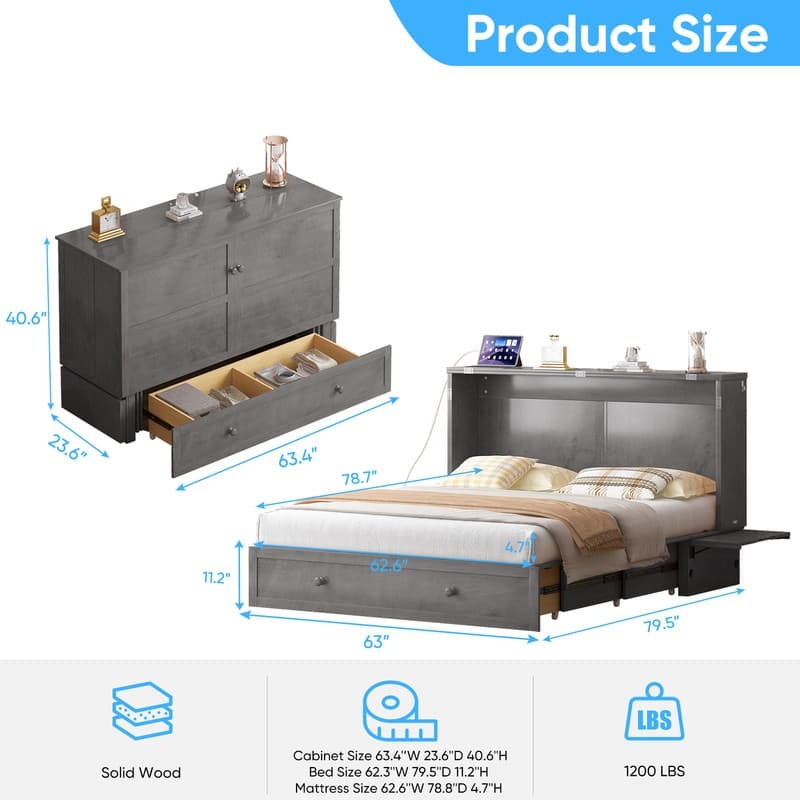 Mixoy Murphy Bed with Mattress,Cube Foldable Cabinet Bed with Charging Station