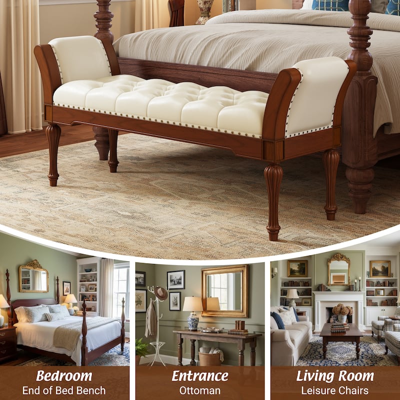 Christopher Knight Home - Mid-Century Classic Sleek Button-Tufted PU Leather Upholstered End-of-Bed Bench with Rolled Arms