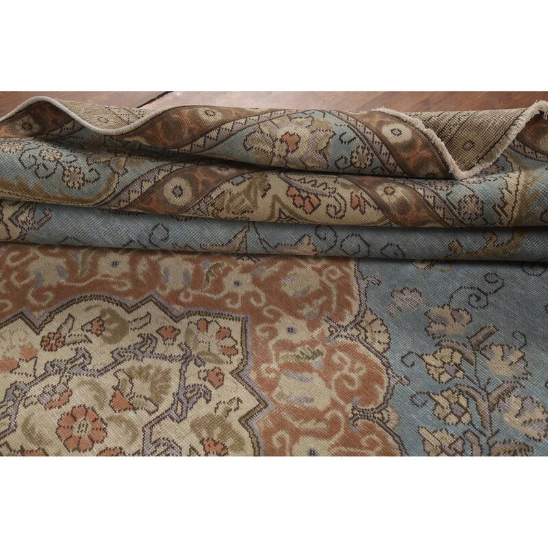 Light Blue Tabriz Persian Vintage Area Rug Handmade Wool Carpet - 9'10" x 12'7"