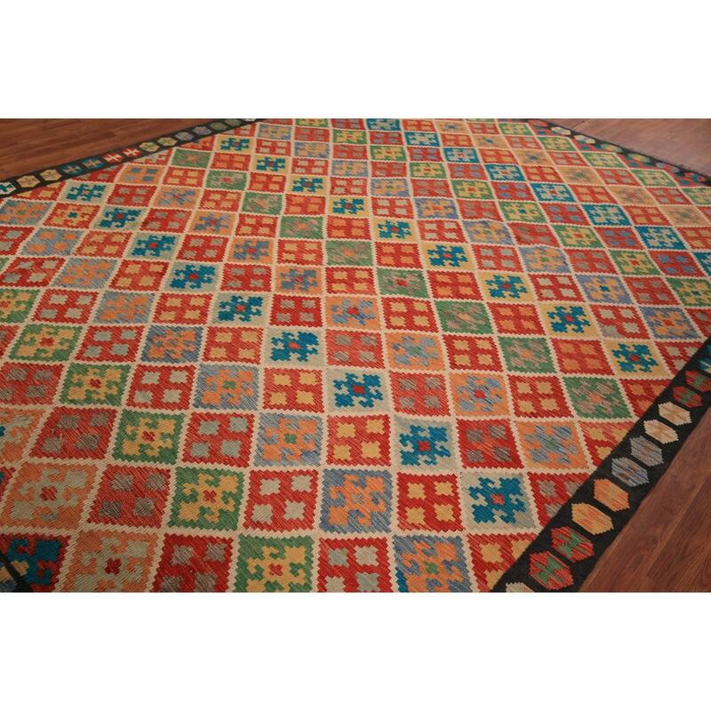 All-Over Trellis Kilim Area Rug Hand-Woven Wool Carpet - 8'9" x 11'4"