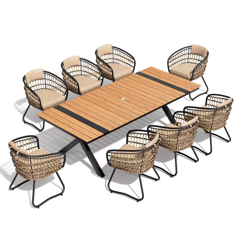 9PC Outdoor Patio Aluminum Dining X Frame Table and Rattan Chairs Set with Umbrella Hole