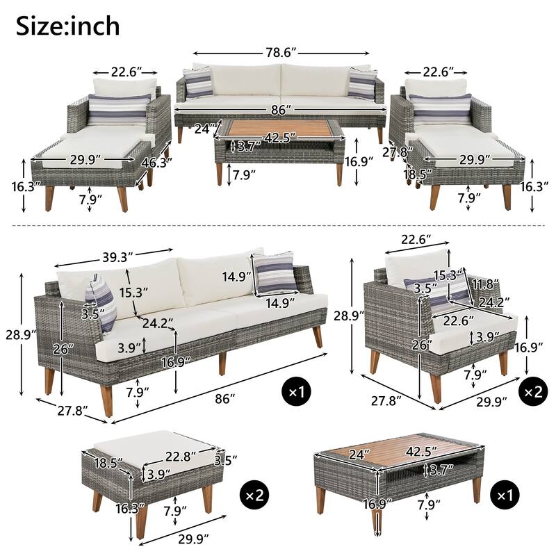 All-Weather PE Wicker Sofa Set with Double Cushions & Wood Legs, 6-Piece Outdoor Rattan Sectional