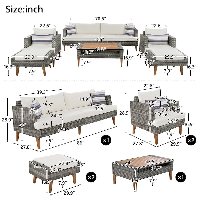 Roomfitters 6-Piece Outdoor Patio Furniture Set with Wicker Sofa, Armchairs, Ottomans and Coffee Table, Wood Legs, Gray+Beige
