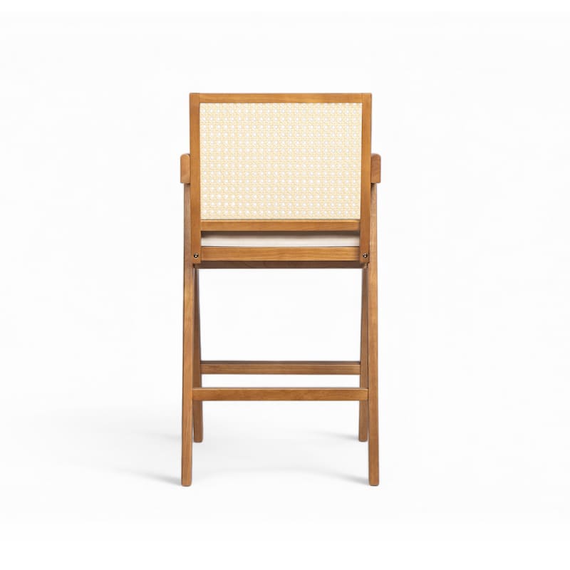 27" Height, Cream Woven Cane Plastic Backrest Bar Stool - Foam-Padded Fabric Seat & Durable Rubber wood Frame