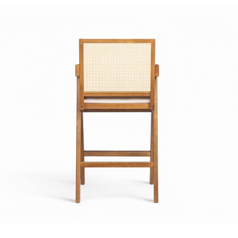 Bar Height Armchairs Rattan Woven Backrest Bar Stools Set of 2 with Padded Fabric Seat and Durable Rubberwood Frame