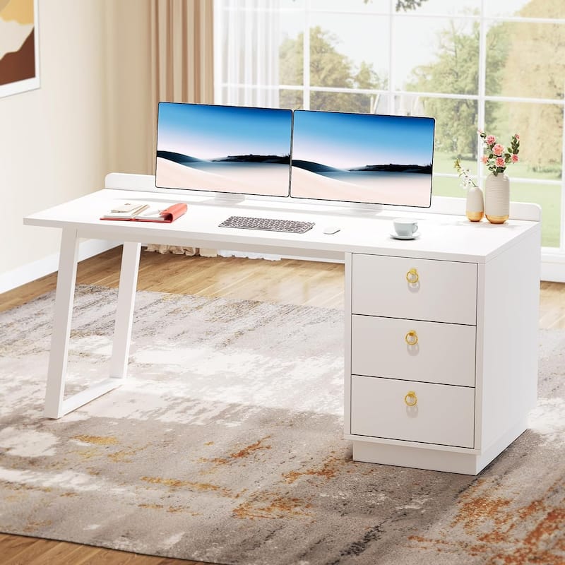 55 Inches Modern White Computer Desk with Drawers - Off White