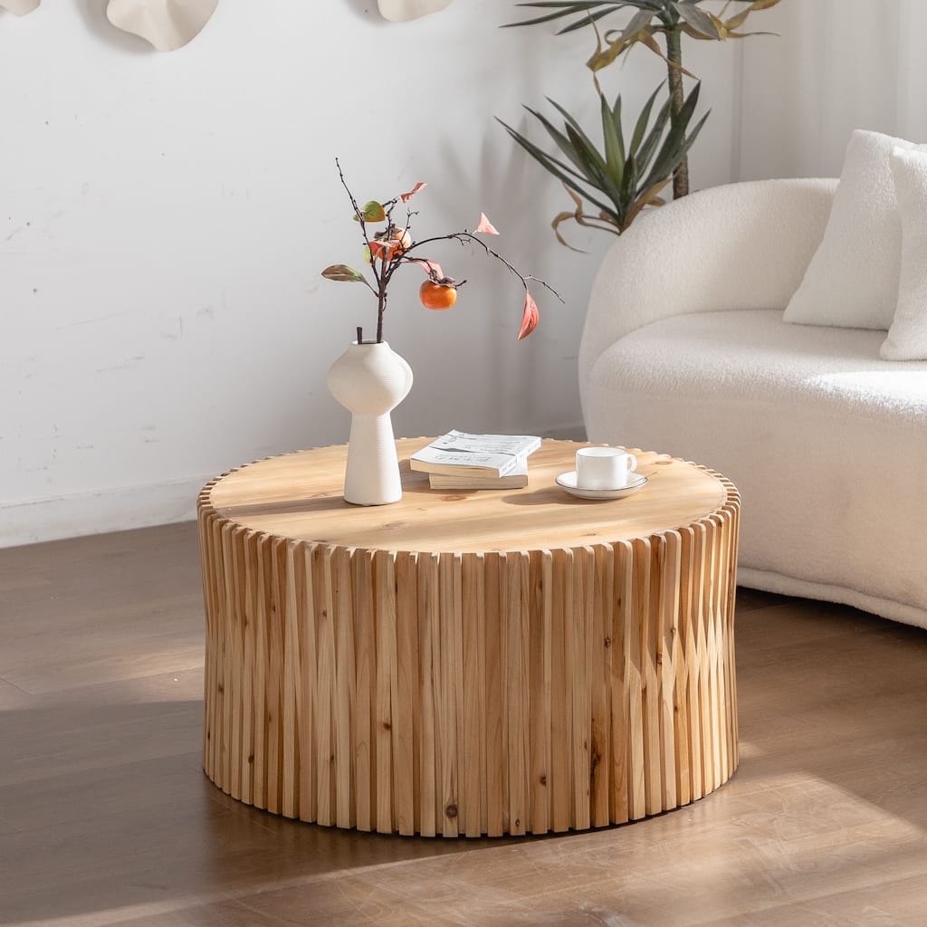 Retro Cylindrical Coffee Table with Vertical Texture Relief Design