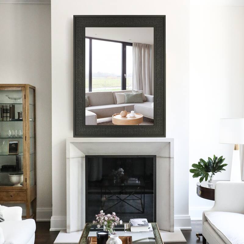 Faux Wooden Frame Rattan Farmhouse Style Rectangle Wall Mirror