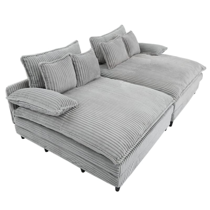 Oversized Double Lounge Chaise Reclining Sleeper Sectional Sofa Bed Corduroy Deep Seat Couch with 4-Gear Adjustable Backrest