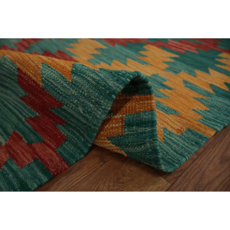 Hand Woven Oriental 100% Wool Carpet Southwestern Modern Green Kilim Area Rug - 9' 10'' X 8' 3''