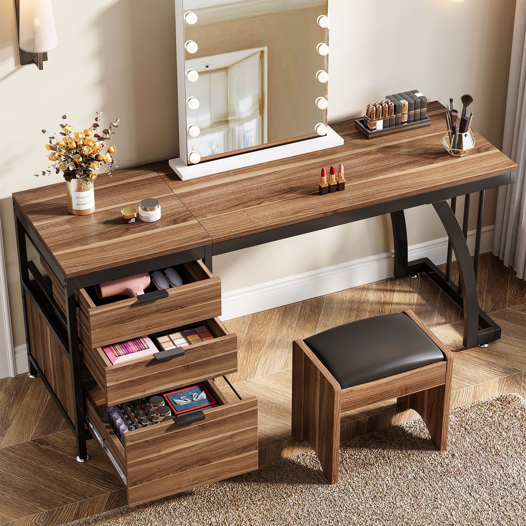 59" Large Vanity Desk with 3 Reversible Drawers, Chic Makeup Dressing Table Vanity Station for Women Girls Bedroom