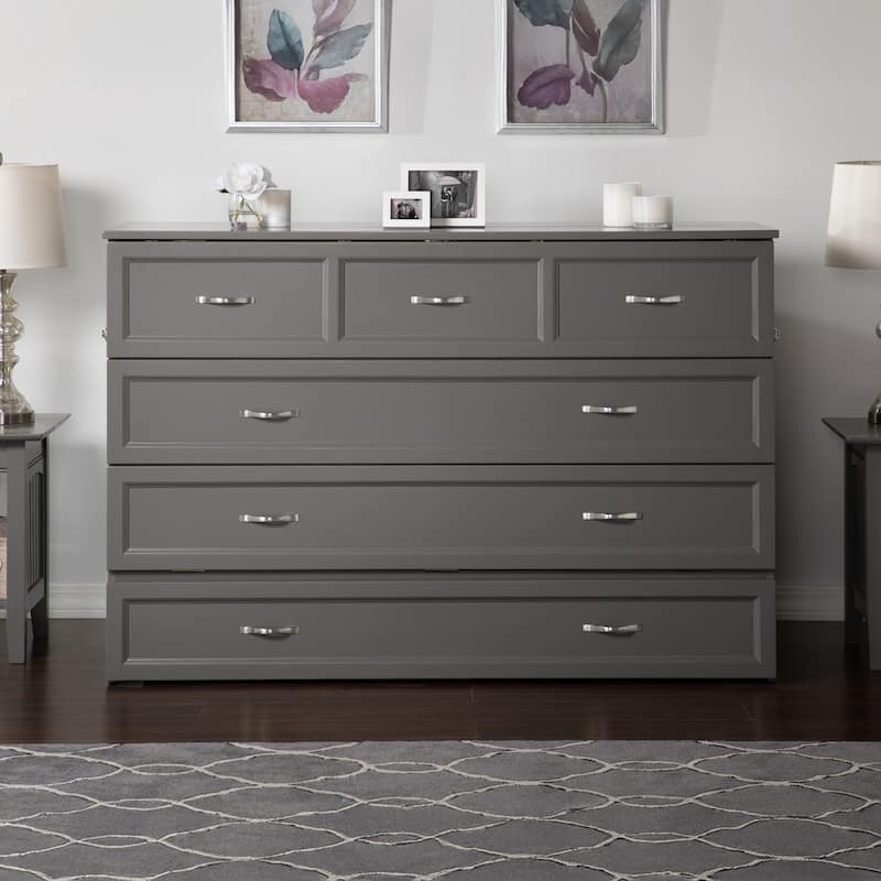 Deerfield Queen Murphy Bed Chest with 6" Mattress, Storage Drawer & Built-In Charger in Grey