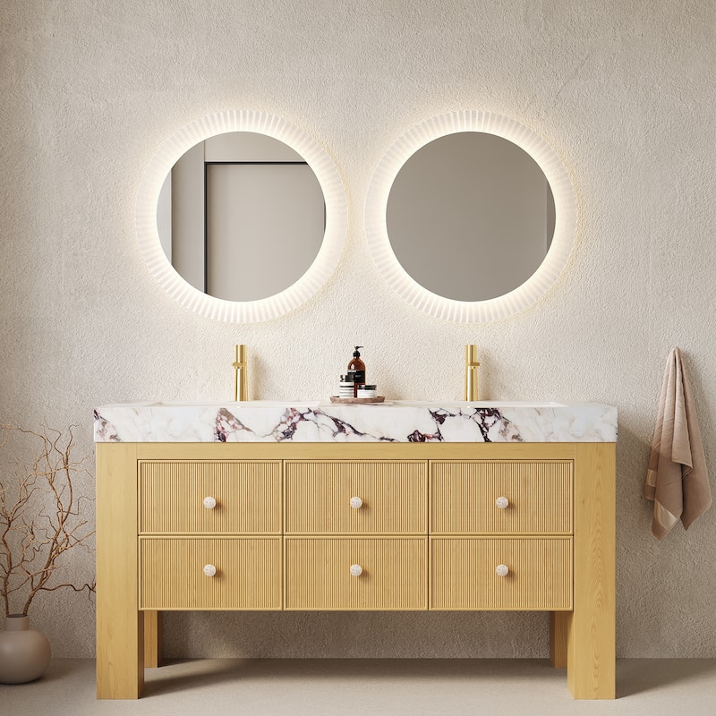 GDFStudio - Lonis Modern 60" Freestanding Bathroom Vanity with 6 Drawers & Dual Ceramic Basins