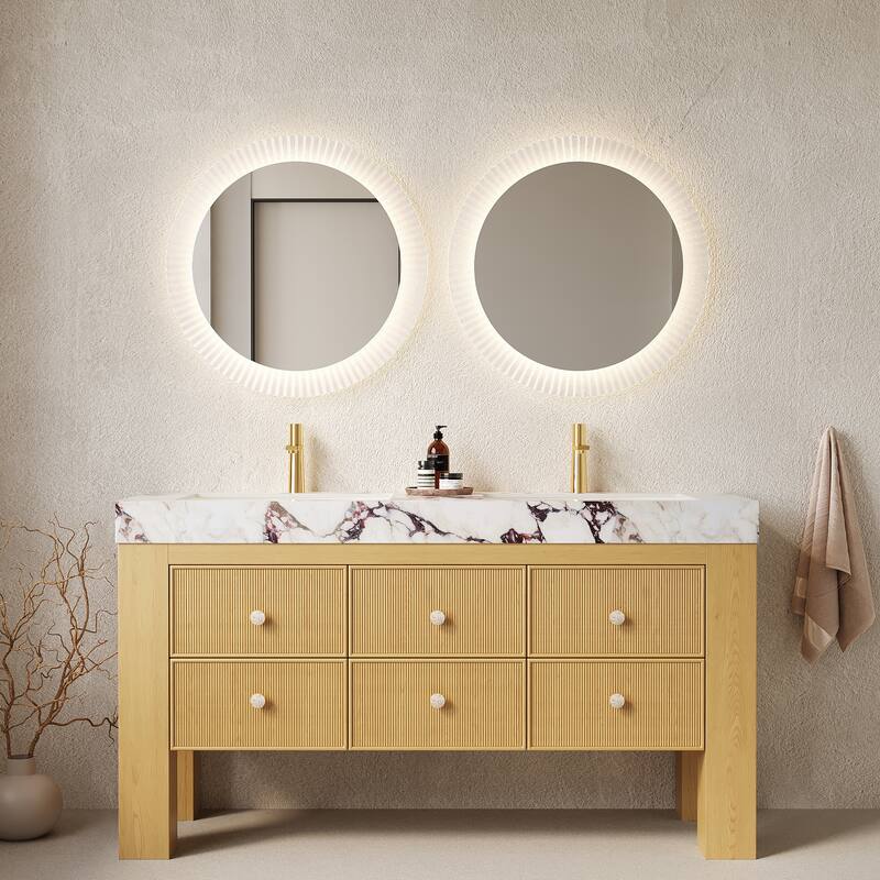 GDFStudio - Lonis Modern 60" Freestanding Bathroom Vanity with 6 Drawers & Dual Ceramic Basins - Corolla Oak