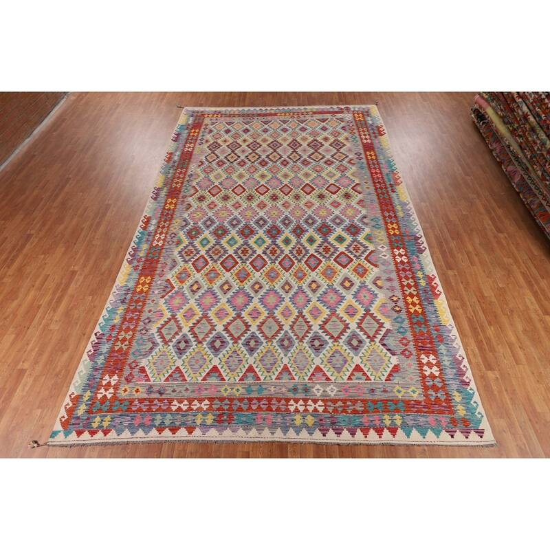 Flat Weave Geometric Kilim Oriental Large Rug Flatweave Wool Carpet - 10'1" x 15'11"