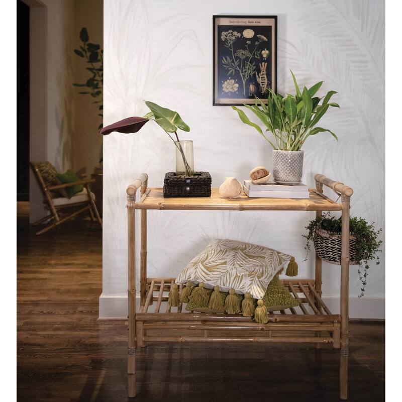 Cotton Pillow with Palm Frond Pattern & Tassels, Green and Natural