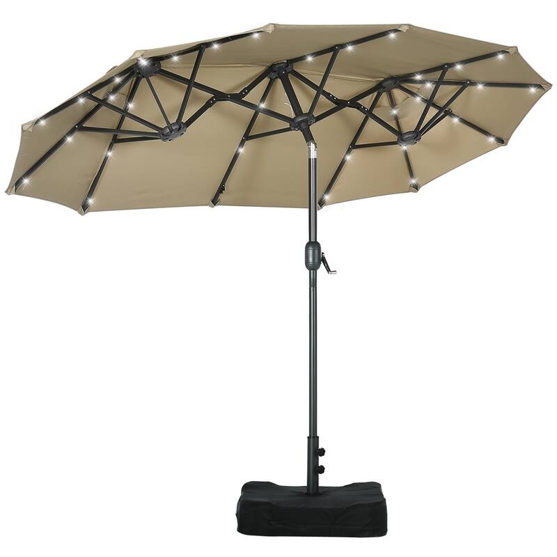 Outsunny Double-sided Patio Umbrella with Solar Lights and Sandbag Base, Outdoor Table Umbrella with Push Button Tilt, Crank