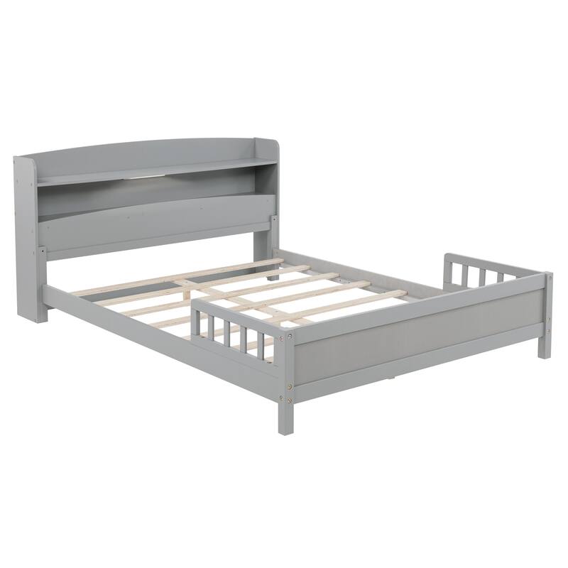 Full Size Platform Bed with LED Motion Sensor Light, Bookcase, And Adjustable Guardrails