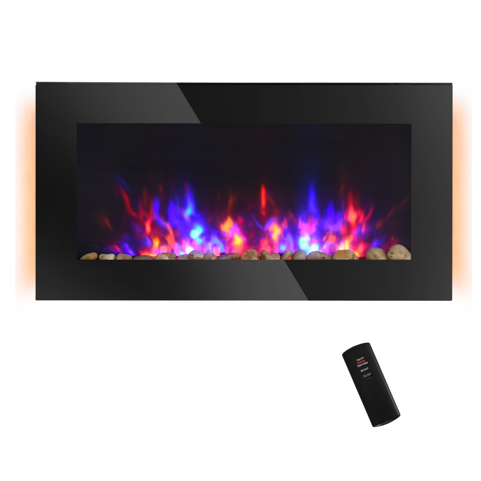 36 Inch Electric Wall Mounted Fireplace with Flame Effect,7 Color Background Light and Side Light