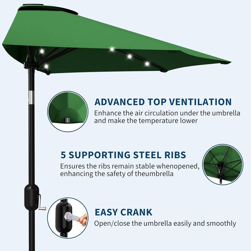 9ft Outdoor Patio Half Umbrella, with Solar LED Lights and Smooth Crank Lift