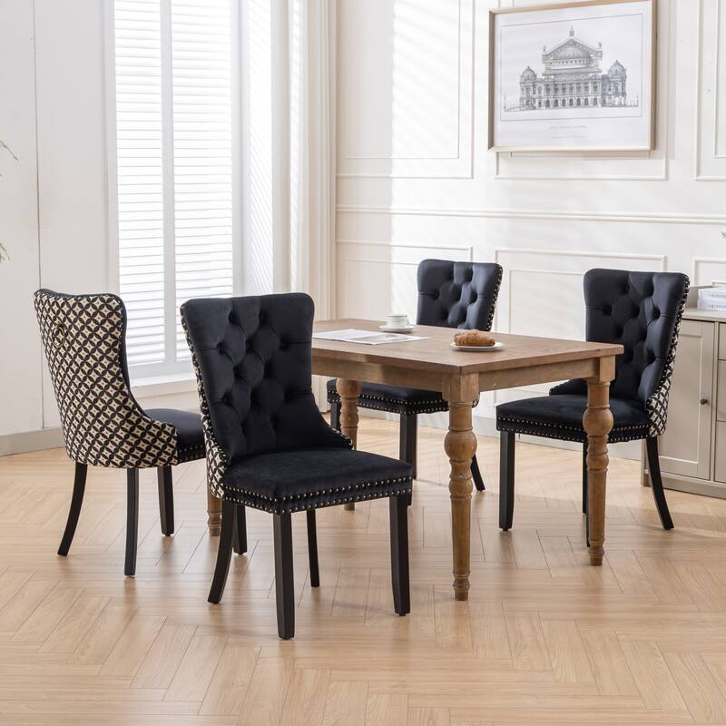 Set of 2 Velvet Upholstered Dining Chairs with Nailhead Trim and Wooden Legs