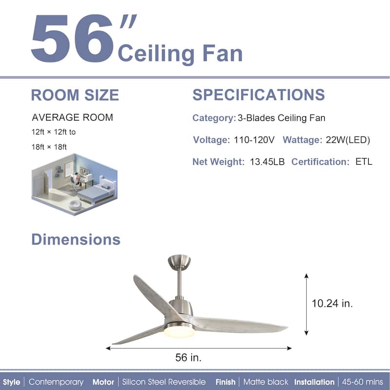 Sofucor 56 inch Ceiling Fans with Light,Remote Control,3 Solid wood Blades Farmhouse ,Large Airflow - 56 Inches