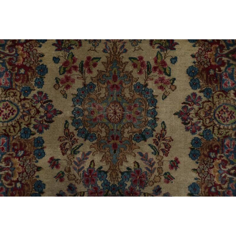 Hand Knotted Oriental 100% Wool Carpet Traditional Floral Beige & Ivories Kerman Runner Rug - 19' 3'' X 3' 1''