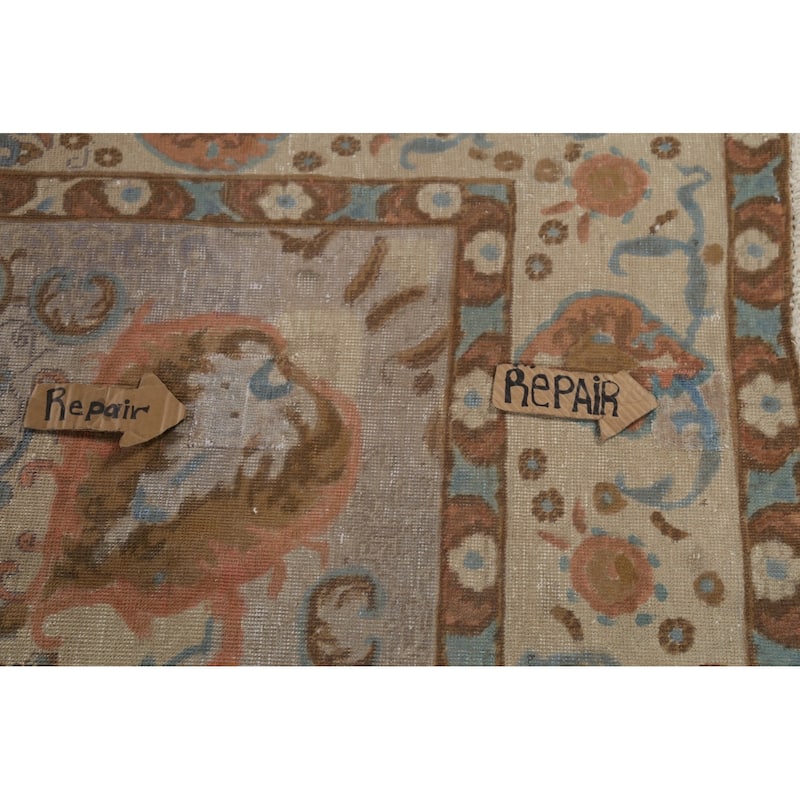 Distressed Floral Tabriz Persian Vintage Area Rug Handmade Wool Carpet - 9'4"x 12'10"