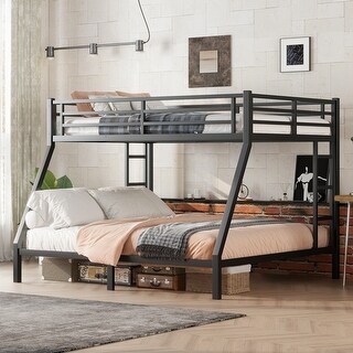 Full XL over King Size Metal Bunk Bed with Fence, Ladder, Space-Saving and Noise Reduced for Teens and Adults