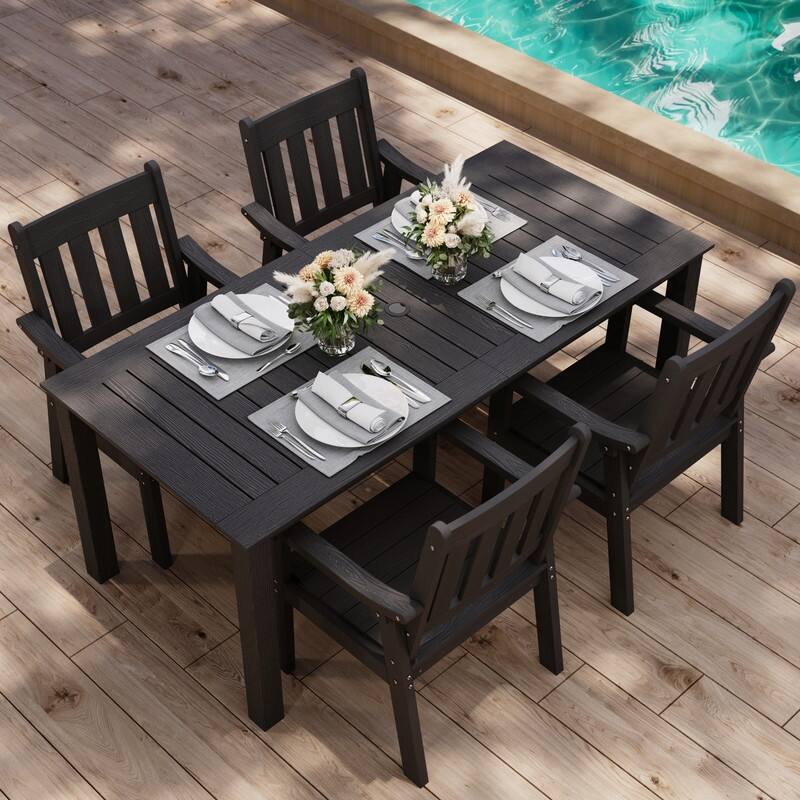 WINSOON 5-Piece HIPS All Weather Outdoor Patio Dining Sets with Umbrella Hole& Aluminum Frame,1-Table 4-Chairs - Black