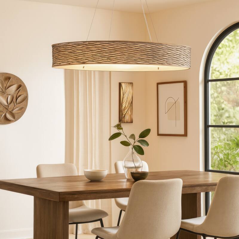 Varaluz Flow Oval Linear Pendant w/Fabric Shade - Hammered Ore - 6-Light - 36"W