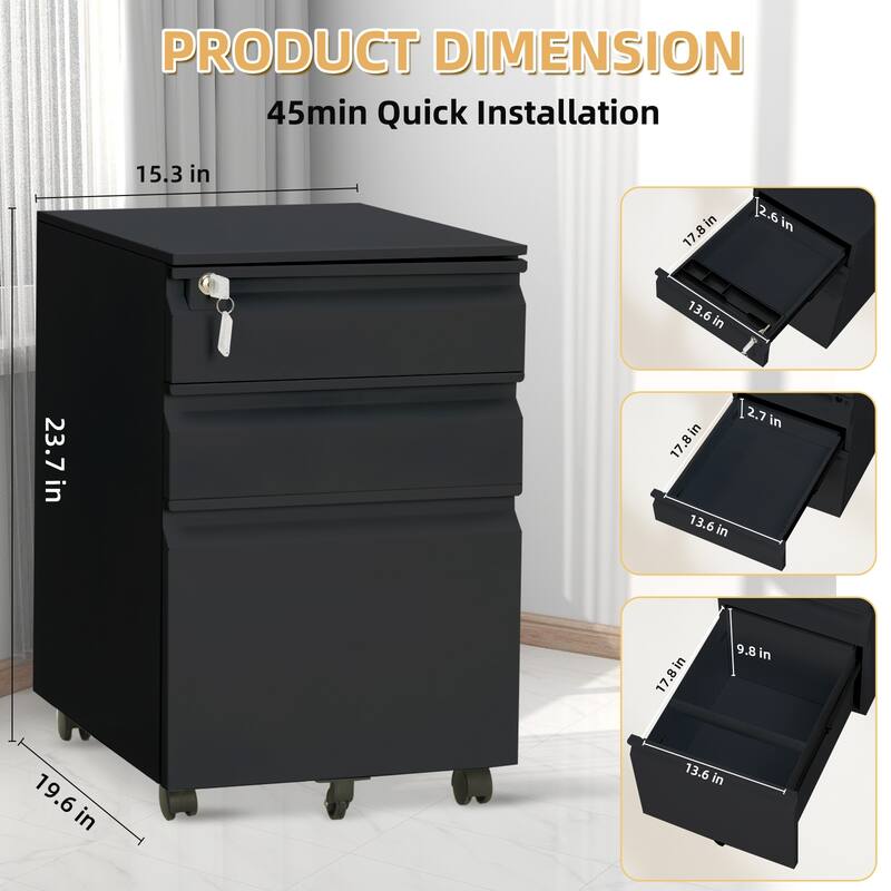 Filing Cabinets for Home Office Organizer , 3 Drawer Mobile File Cabinet with Lock & Anti-Tip Wheel,Under Desk Metal - black